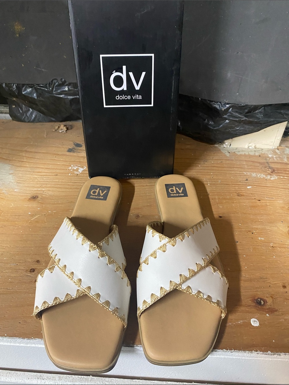 Dolce Vita White Slide Sandals with Gold Stitch Trim